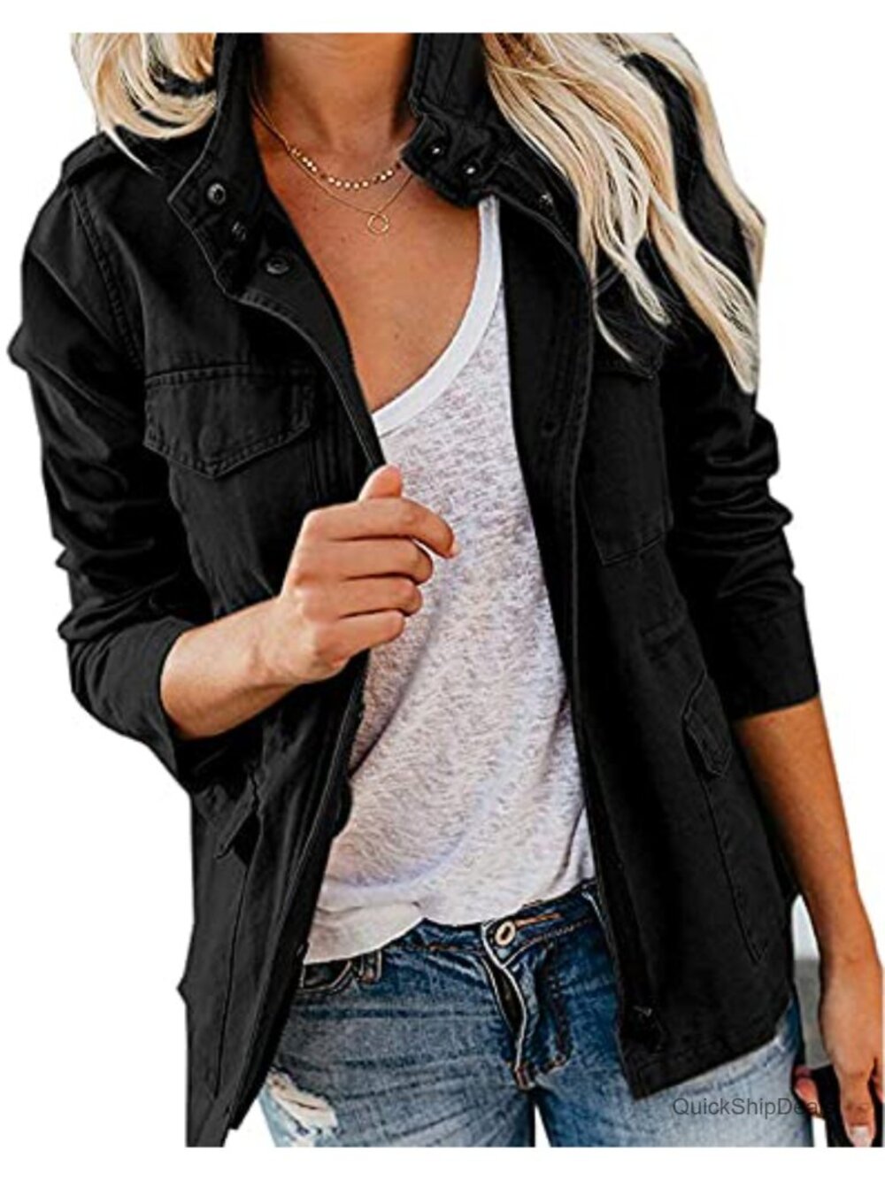 Women's Military Jacket Zip Up Snap Buttons Lightweight Cotton Utility Anorak